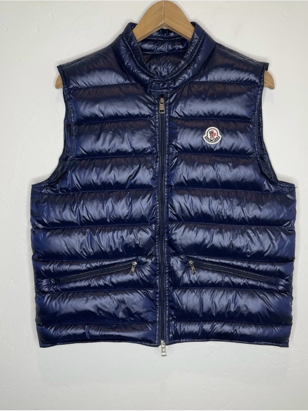 Moncler Longue Saison puffer vest mens 2 medium navy blue goose down broken zip